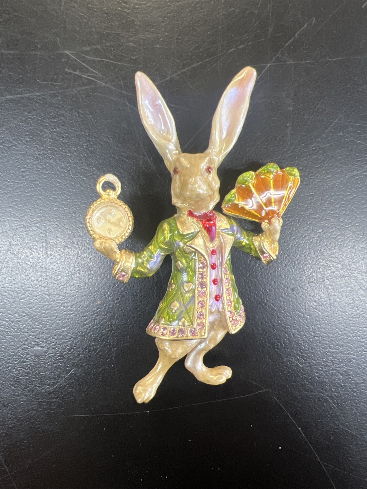 Kirks Folly Alice In Wonderland Folly White Rabbit Pin Brooch 3″ Enamel Crystal