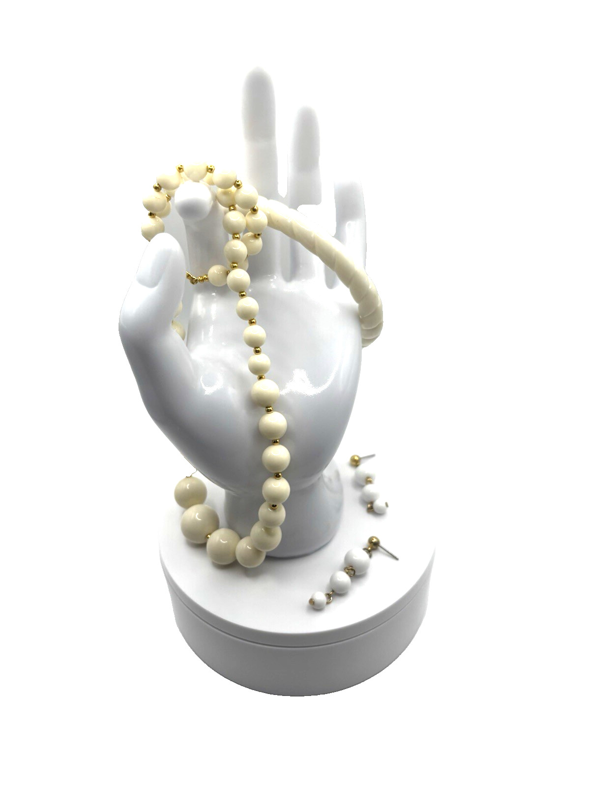 Vintage Plastic Beads Necklace Earrings & Bangle Cream Gold Tone J1-3028