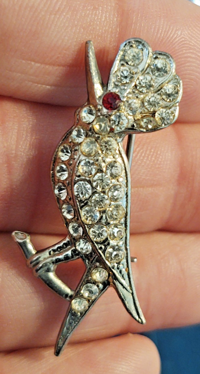 Vintage Costume Jewelry Brooch / Pin , Rhinestones Mocking Bird