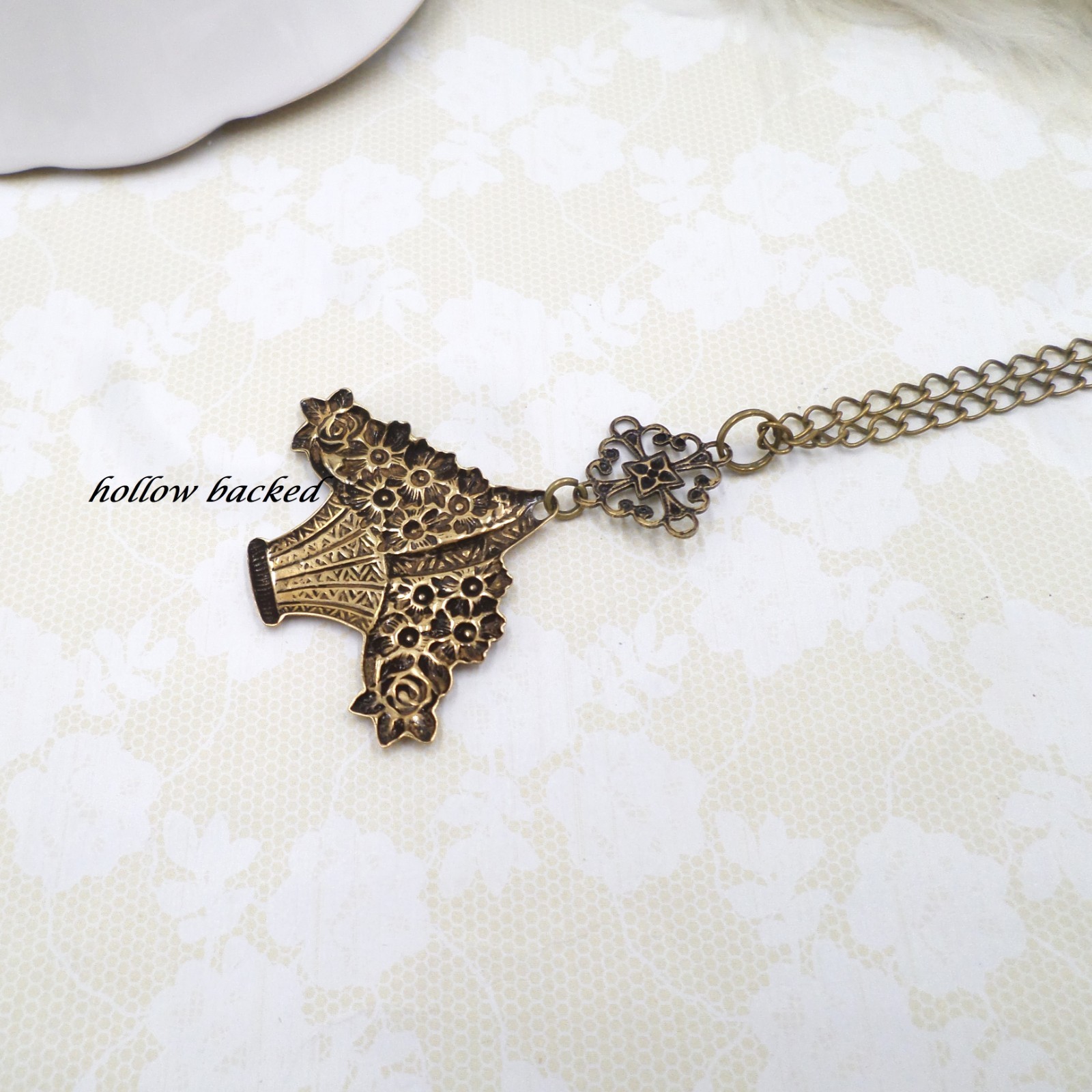 Flower Basket Necklace Antique Brass Handmade Floral Pendant Victorian Style