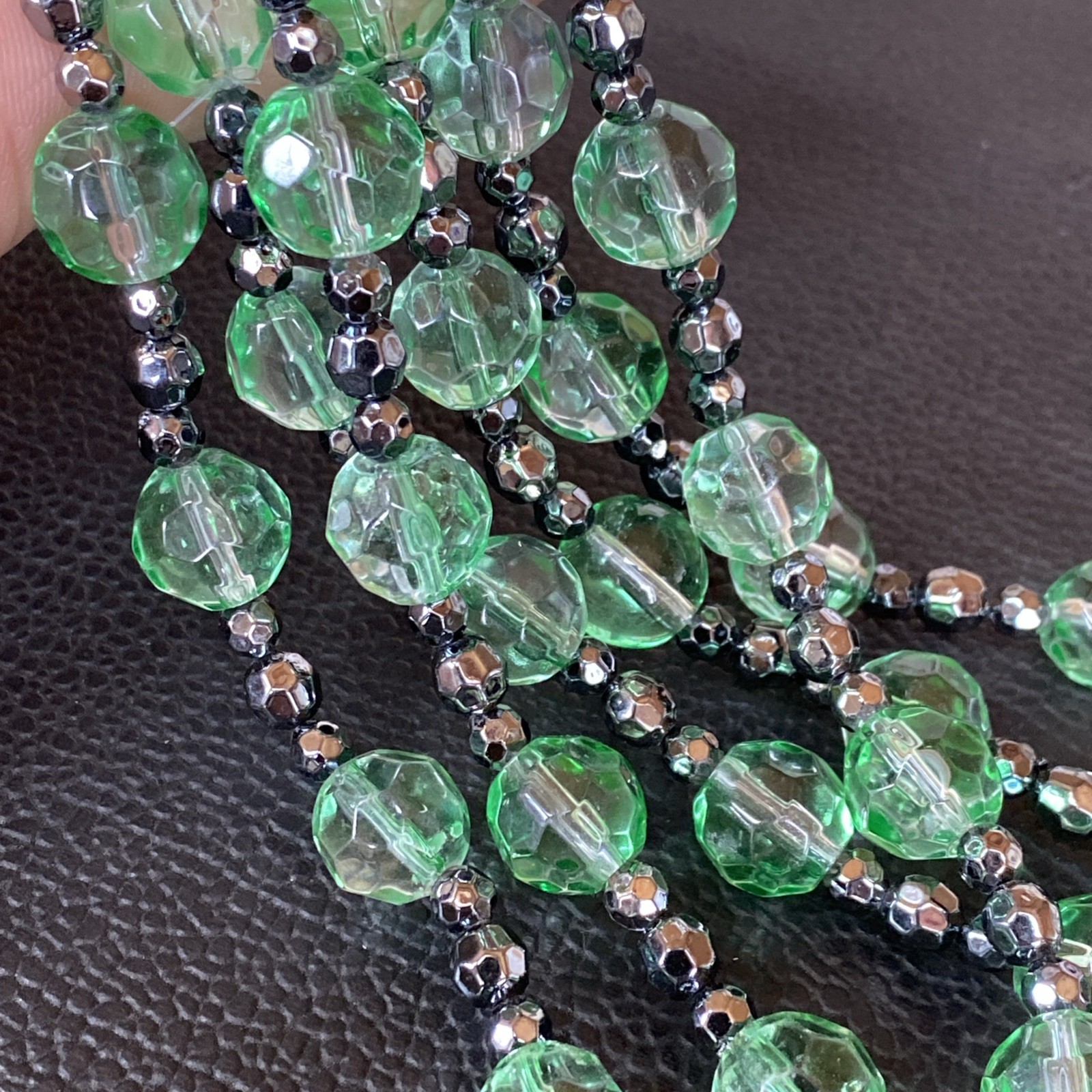 Vintage Green Glass Faceted 3 Strand Necklace w/ Matching Pair Drop Earrings Set