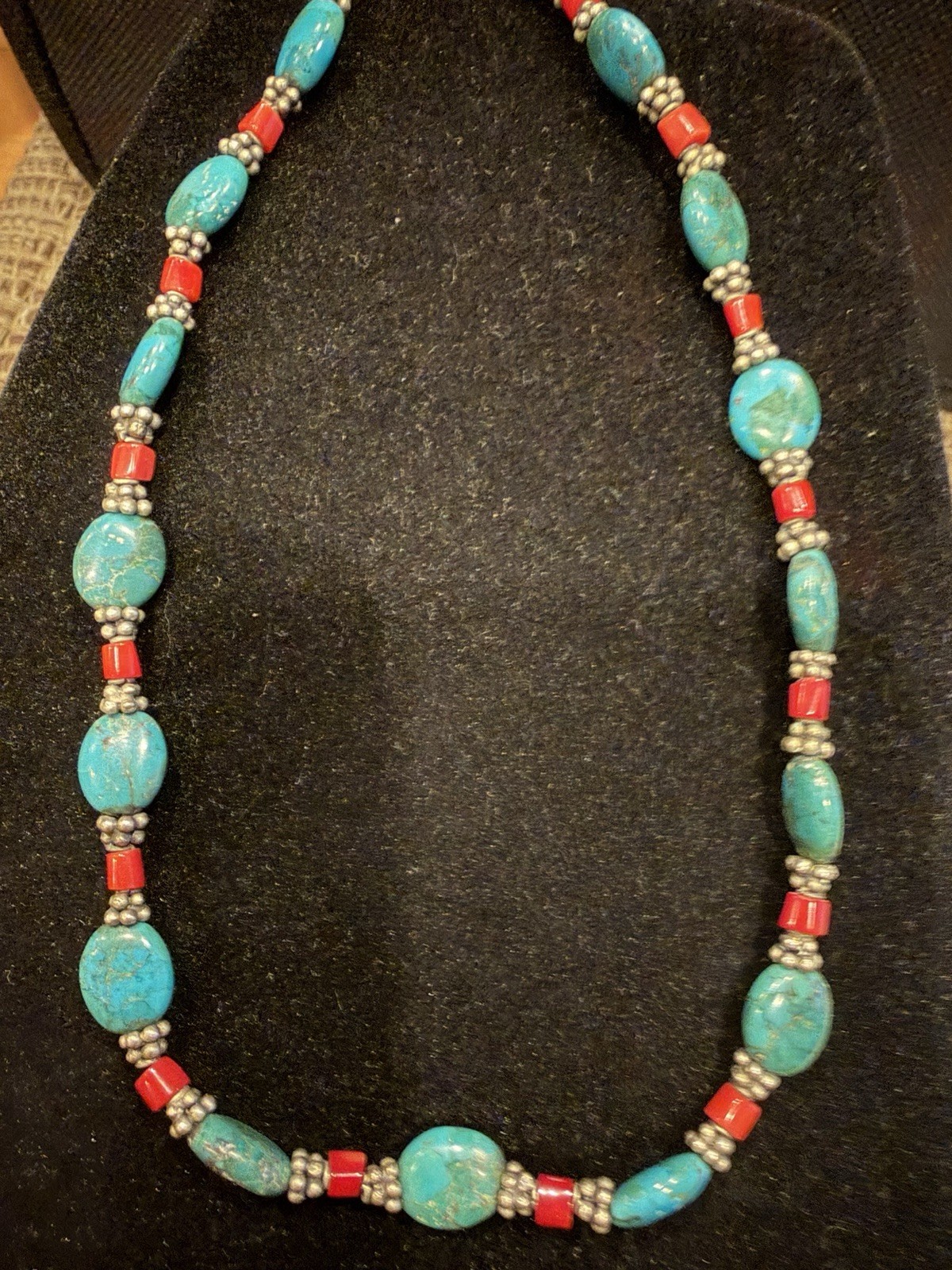 Vintage Turquoise And Natural Blood Red Coral & Pewter Silver 925 Clasp 16”