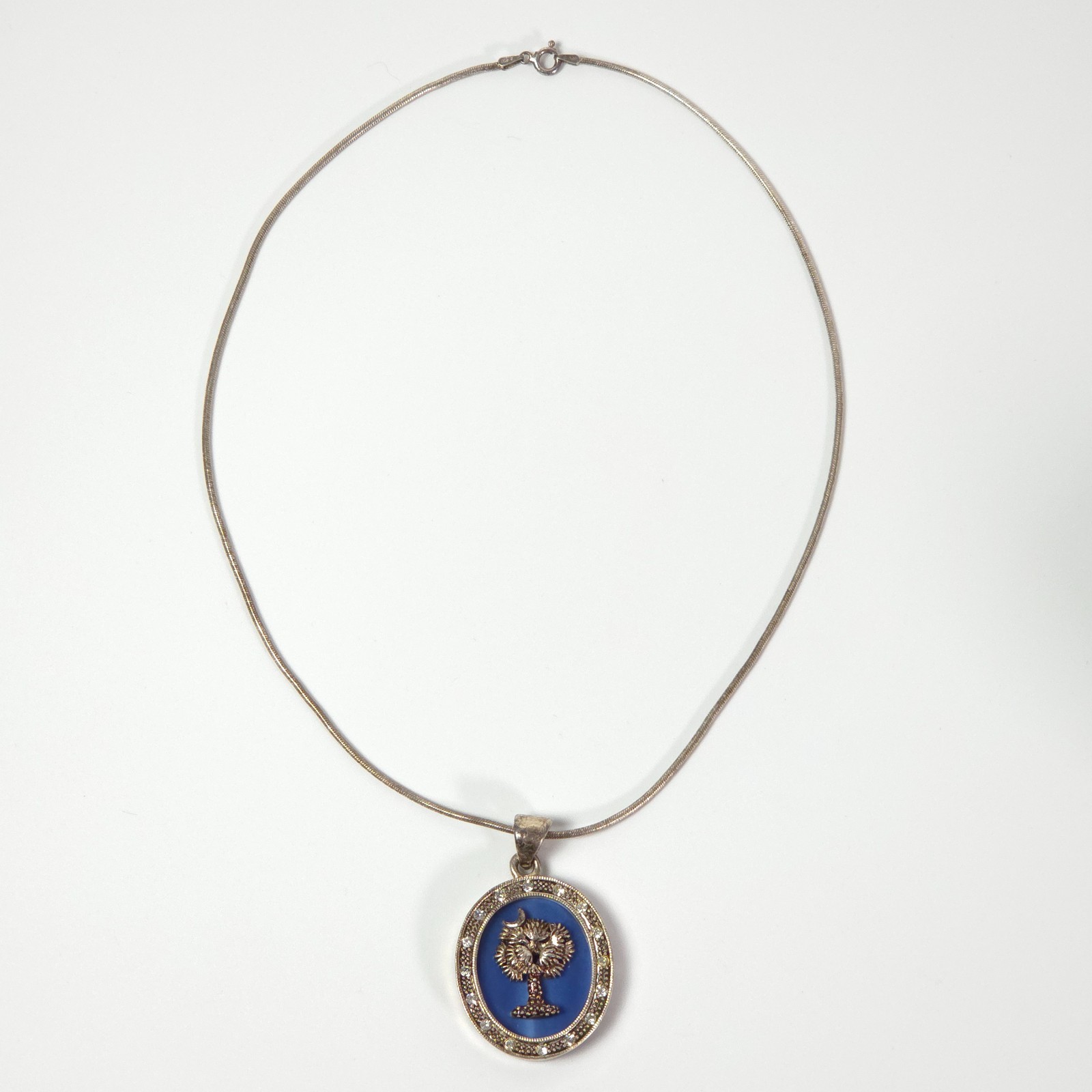 VINTAGE Blue Palm Tree Crescent Moon Pendant Necklace, Estate Jewelry, READ