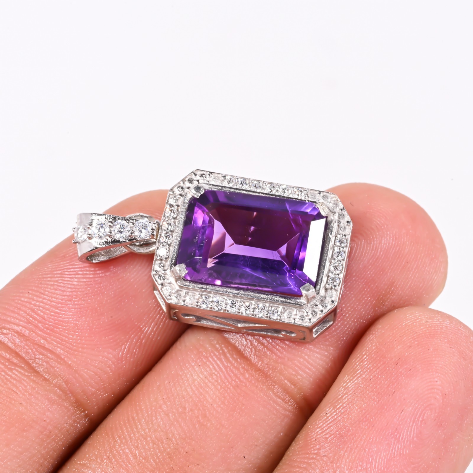 Natural Amethyst 925 Sterling Silver Pendant Emerald Cut Halo Purple Jewelry
