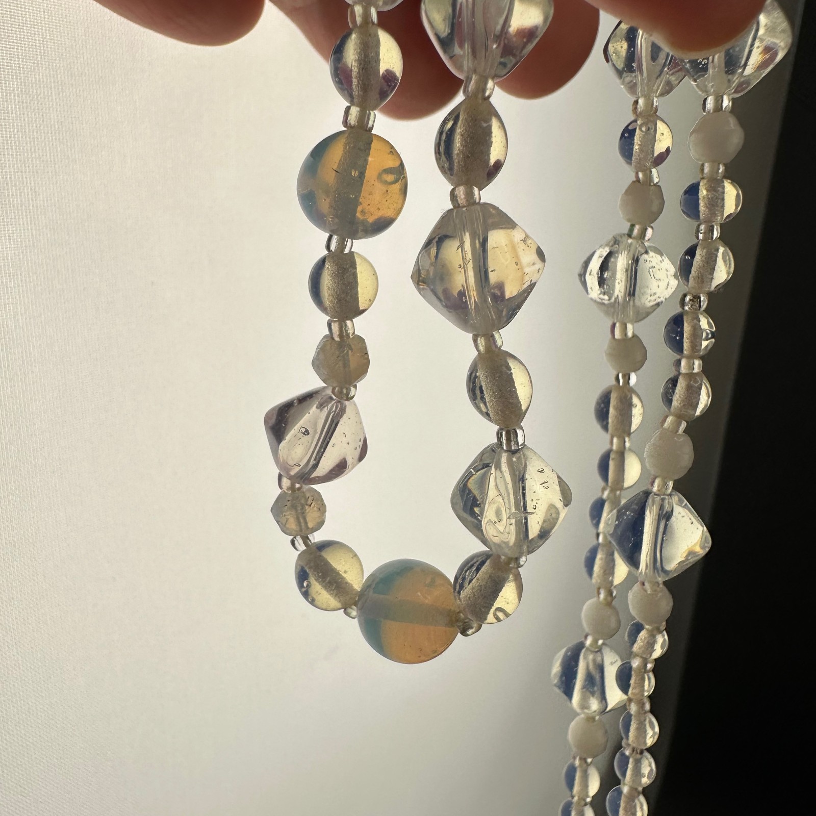 Vintage Opalite Glass Bead Necklace 31″ Faceted Round Hook Clasp Adjustable