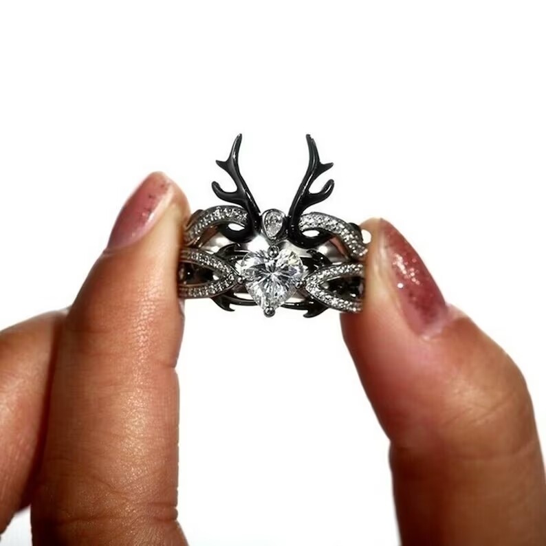 Beautiful Deer Antler Wedding Ring Set or Women With Heart Cut Moissanite Silver