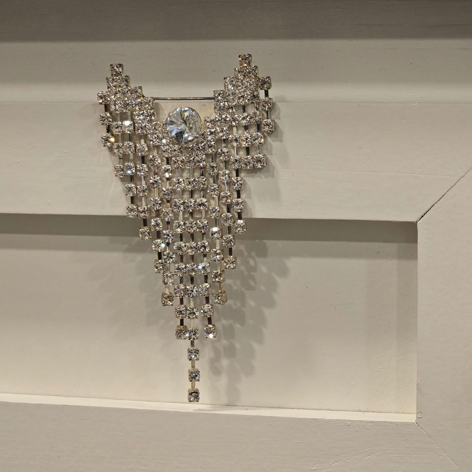 Antique Dramatic Rhinestone Brooch Cascading Fringe Rivoli Center Stone art deco