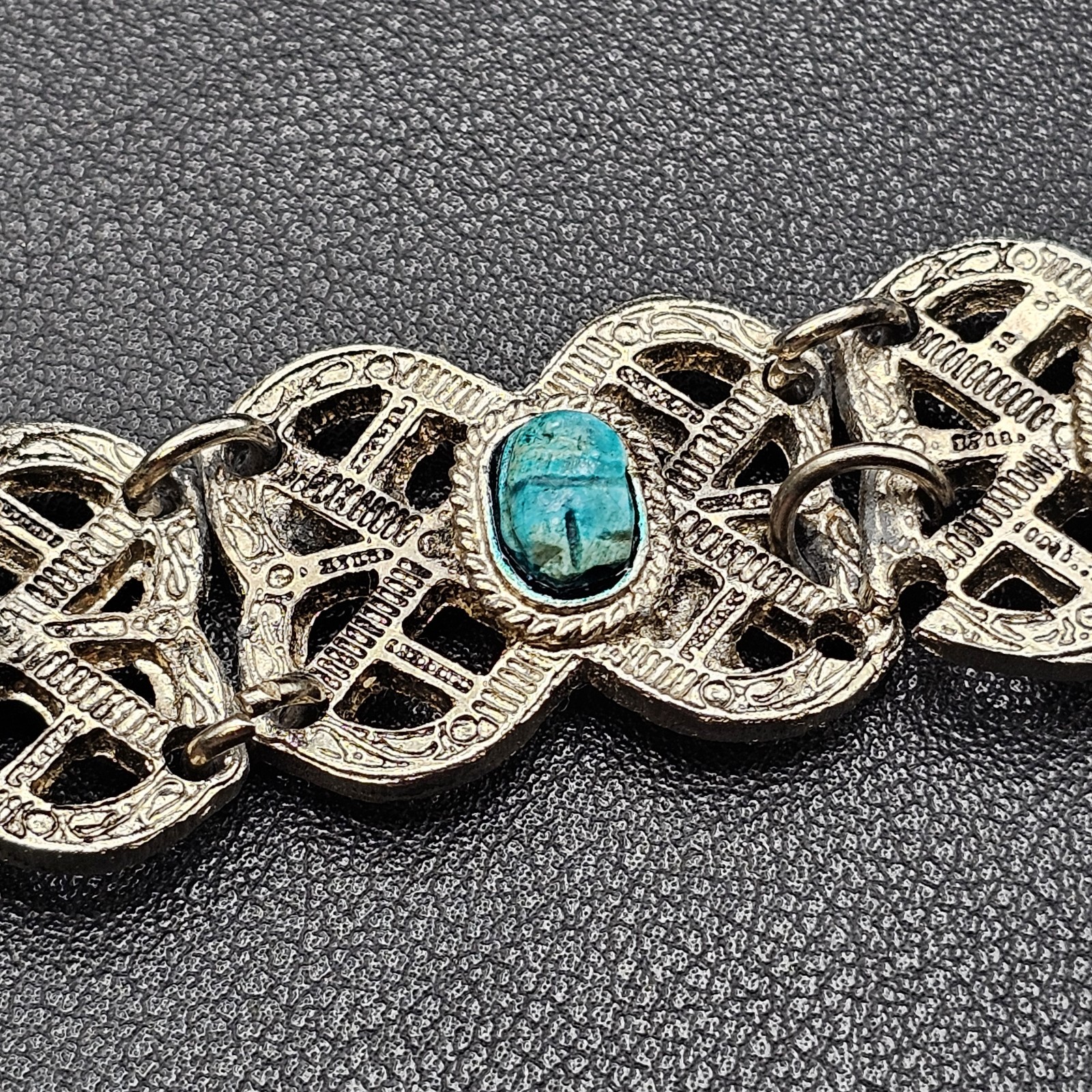 Vintage Egyptian Style Panel Bracelet Silver Tone Teal Stone Scarabs Style #1