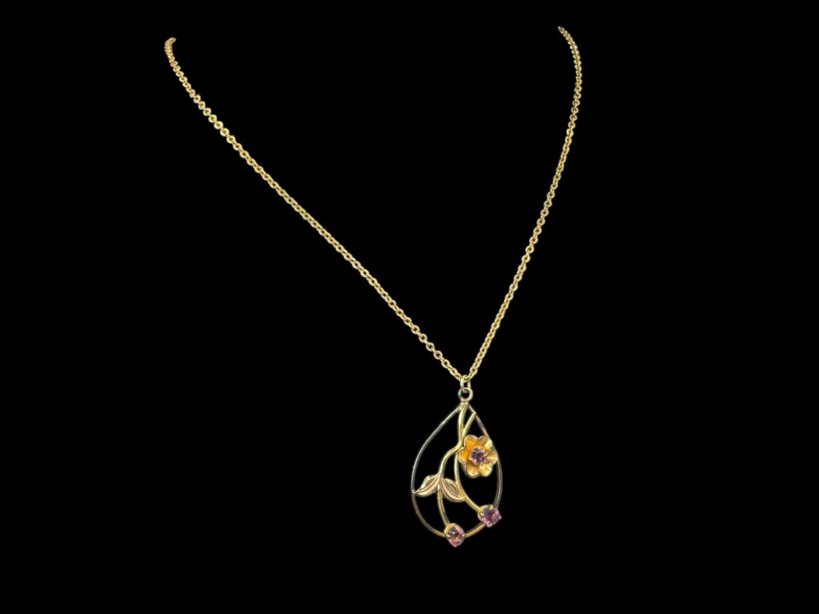 Automade 12k Gold Filled Floral Art Nouveau Pendant Vintage Steel Necklace