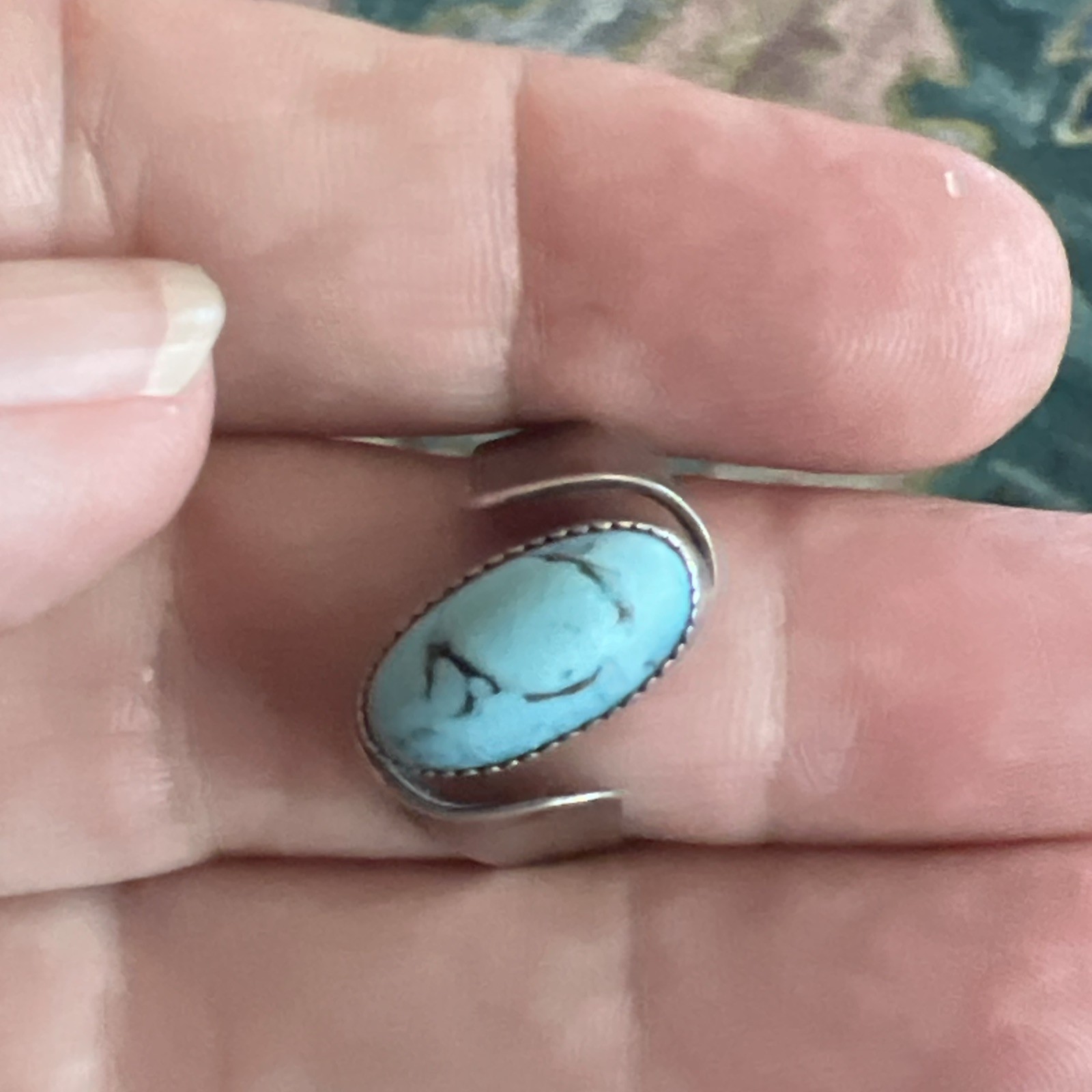VTG Beau Sterling Silver Turquoise Ring Oval Stone Modernist Ring Sz 7.75