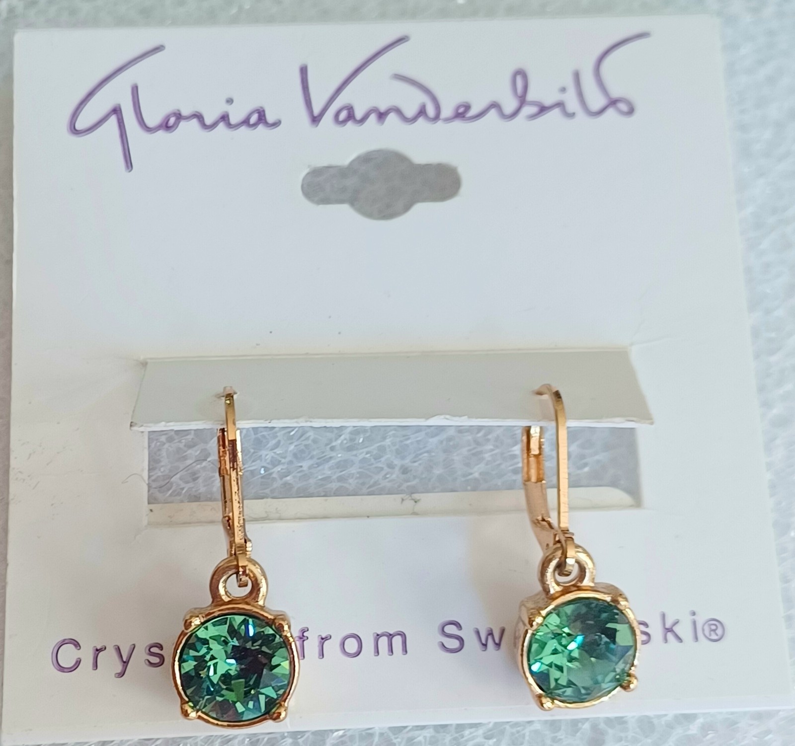 Vtg Gloria Vanderbilt Green Swarovski Crystal Goldtone Leverback Earrings