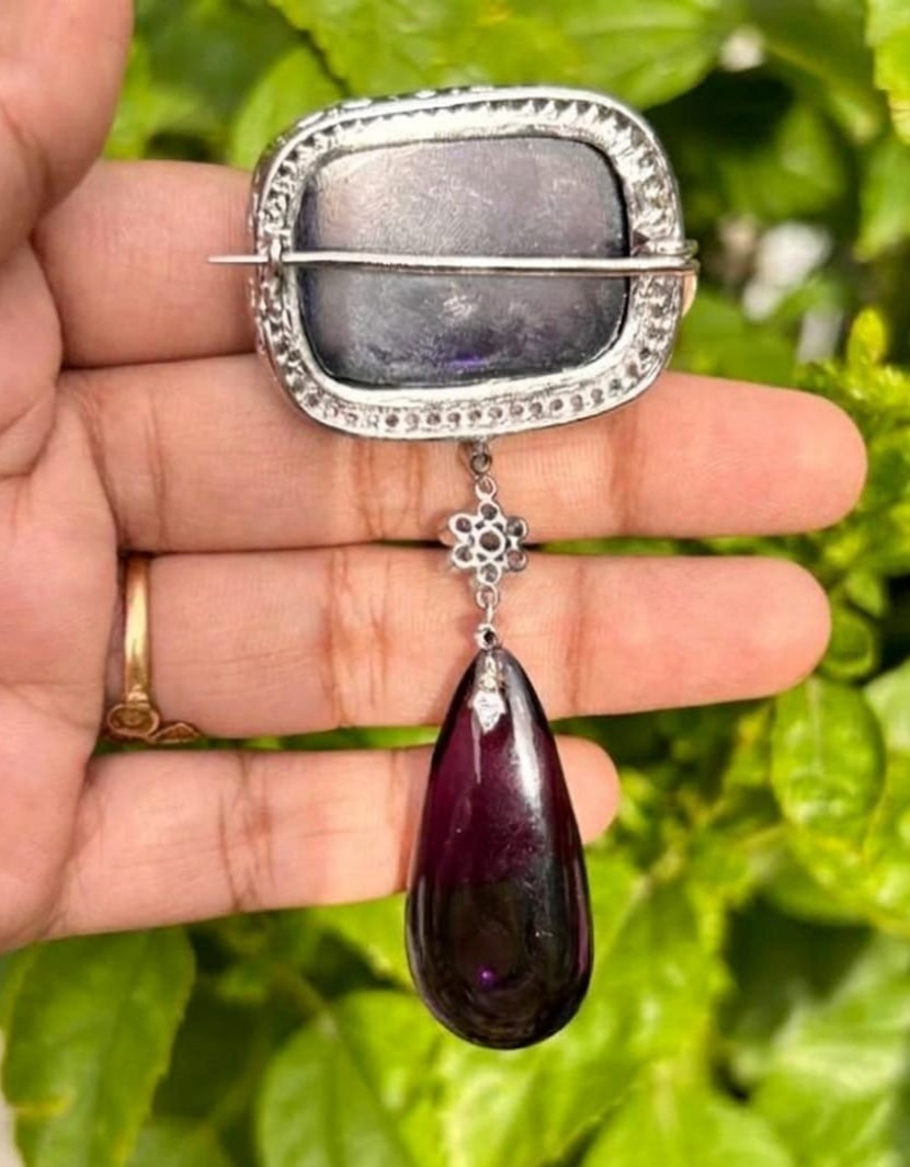 Victorian Amethyst & Diamond Drop Dangle Brooch Pendant 925 Silver Antique Gift