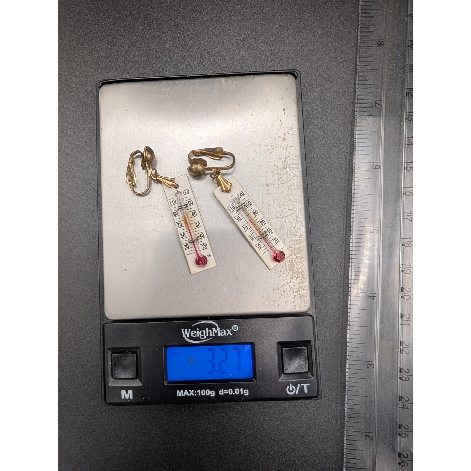 Vintage 1950s Working Thermometer Clip On Earrings Novelty Kitsch Jewelry