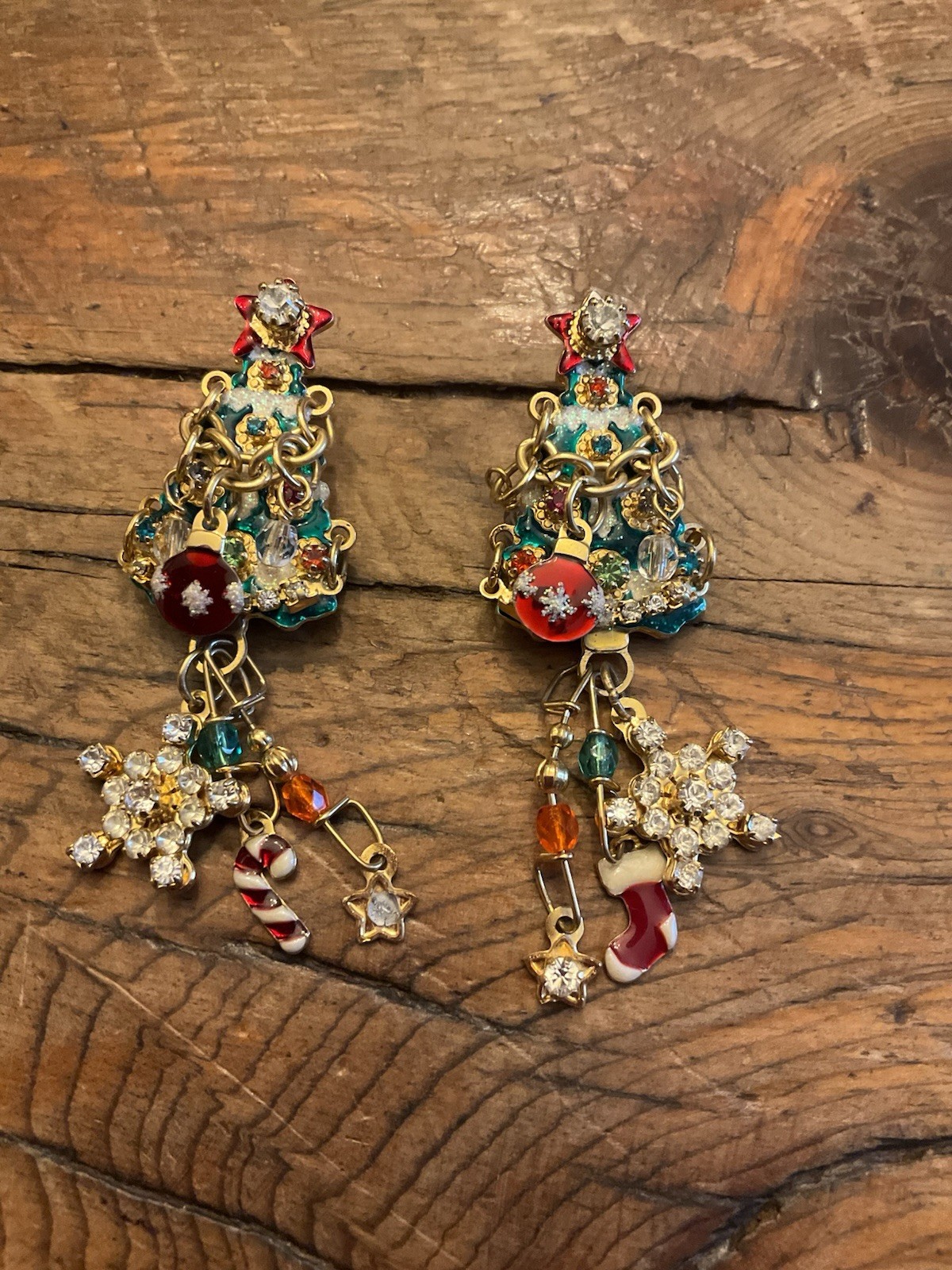 Lunch at the Ritz Christmas Tree Earrings Dangling Ornaments Gold Plated Pierced