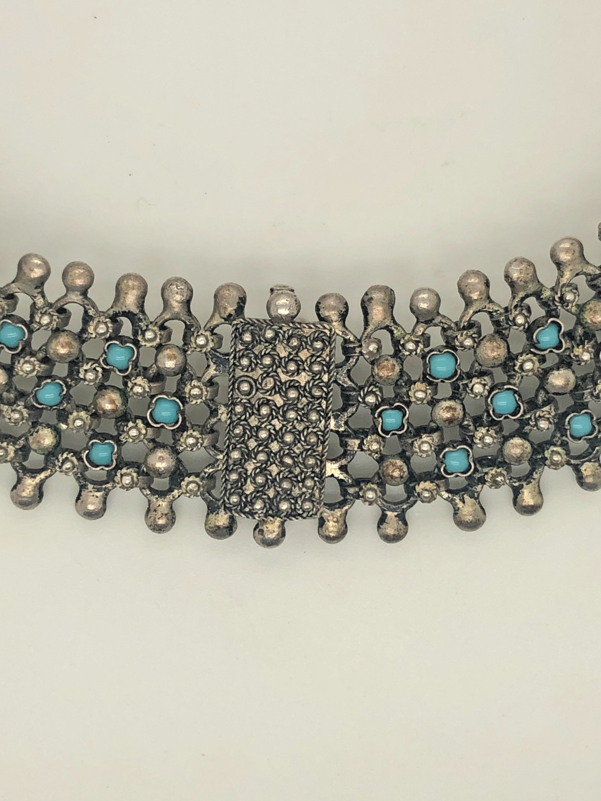 Vintage Turquoise Sterling 925 Necklace Mesh Choker Necklace 15″