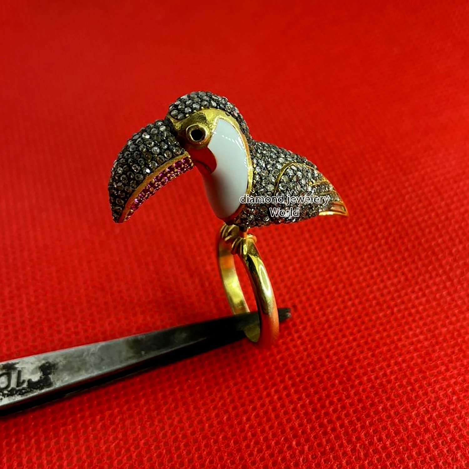 Amazing 4.17ct Rose Cut Diamond Gemstone Enamel Silver Vintage Bird Ring Jewelry