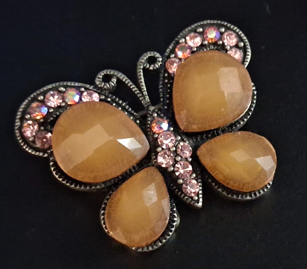 Vintage Beautiful Butterfly Brooch Pink Rhinestone Butterscotch Wings Pin Rare