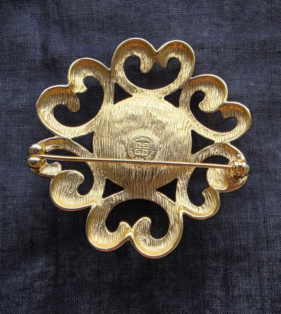 Vintage Signed Givenchy Brooch Pin Faux Pearl Open Work Gold Tone 2″