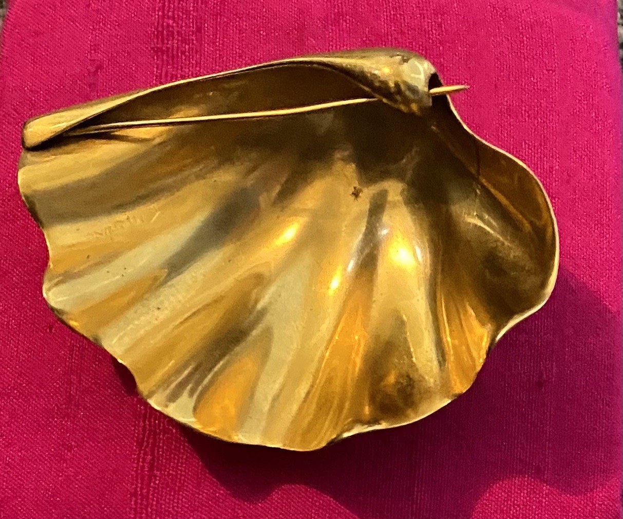 Ted Muehling Scallop Brooch 24k GOLD Plated Bronze Signed With 14k Pin Clasp