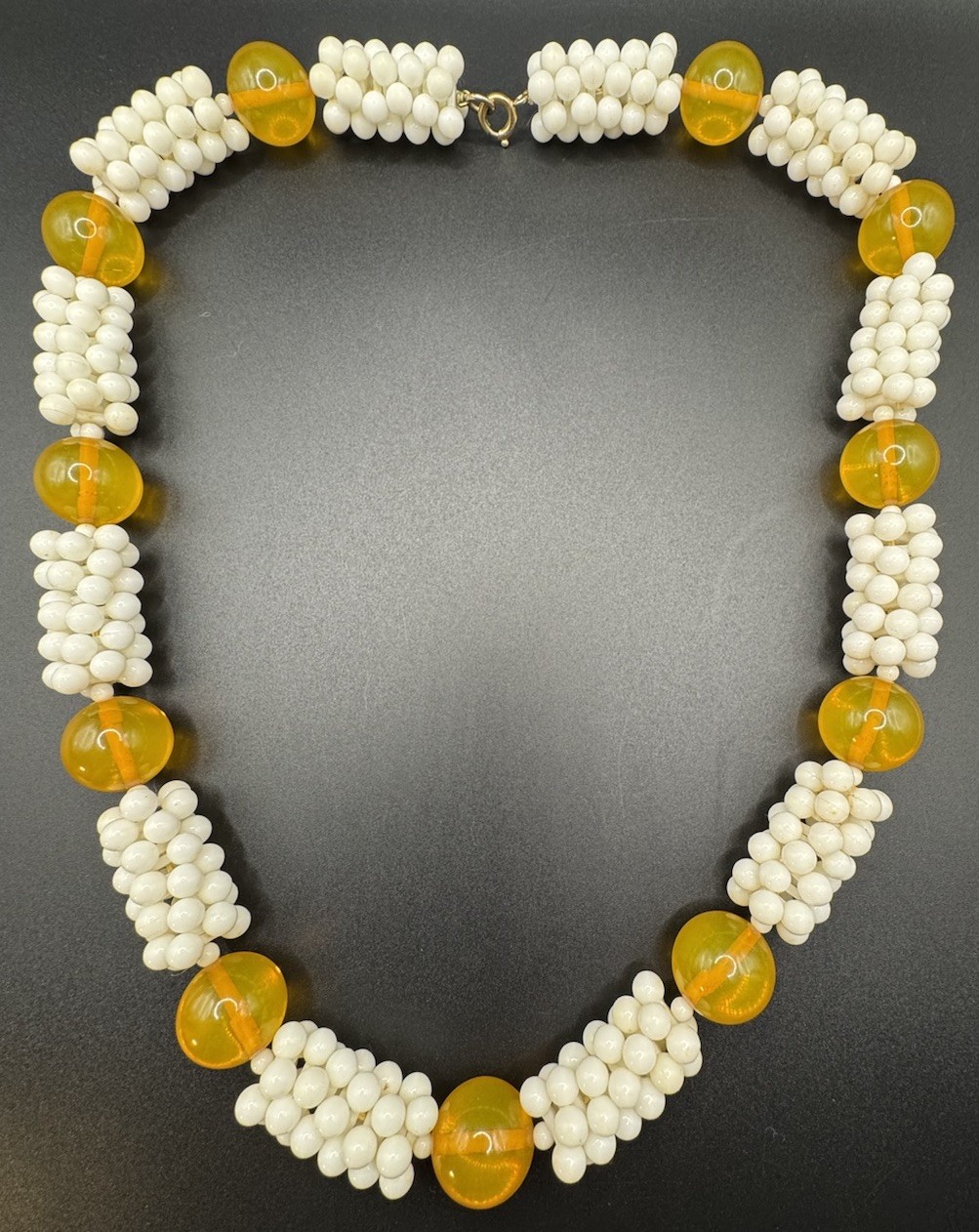VTG. WHITE LUCITE & Golden Yellow BEADED Statement NECKLACE 80s
