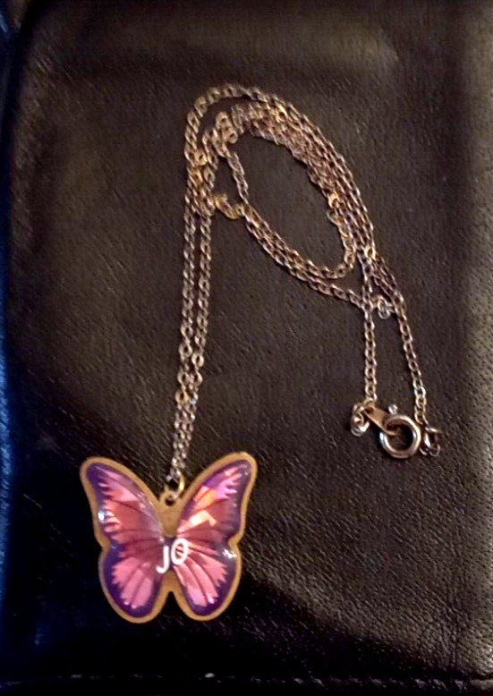 Reversible Butterfly 1″ Pendant NECKLACE 18″ Silver tone Chain Blue/Pink name JO