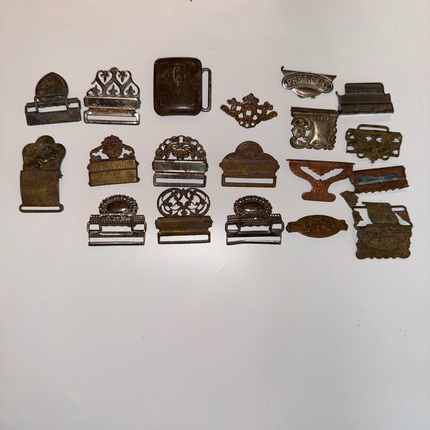 19pc Antique Victorian Gents Suspender Buckle Lot Brass Nickel Filigree 1892 Pat