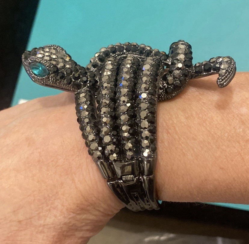 Vintage Black Rhinestone Snake Wrap Around Bracelet Hinged One Size Fits Most