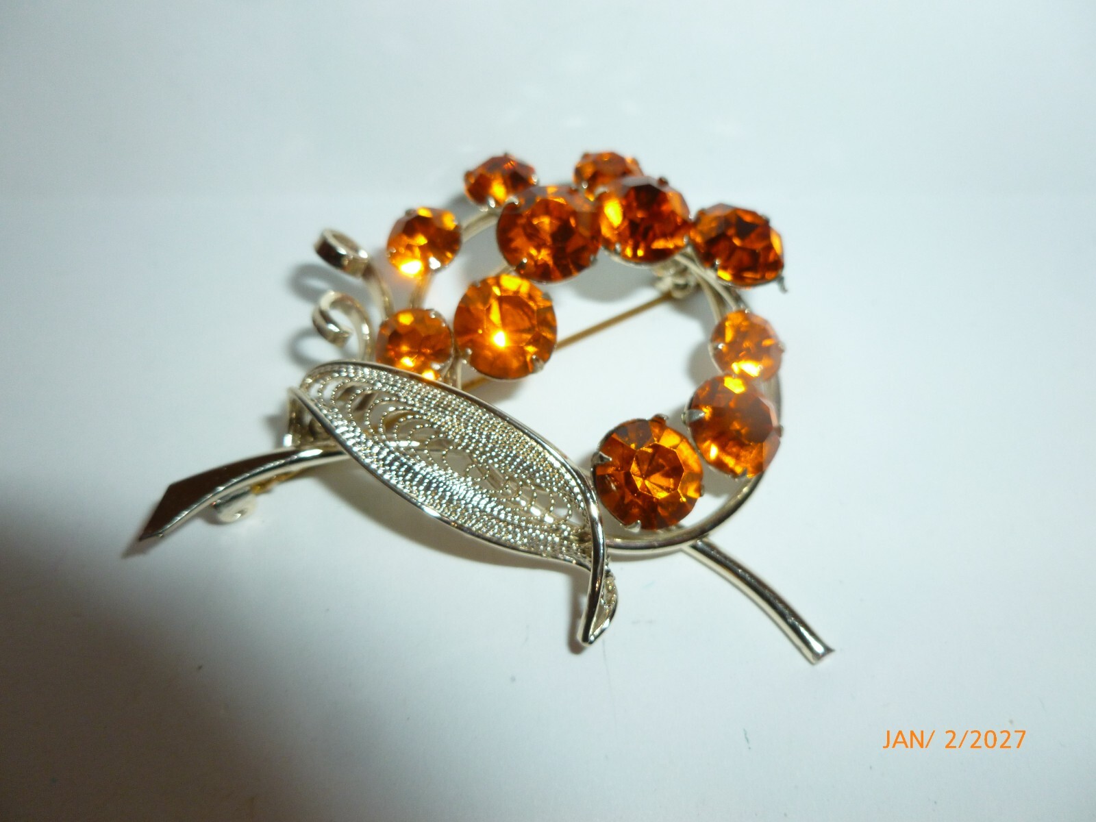 Vintage Faceted Rhinestone Leaf Brooch Silver Tone Filigree Branch Flower