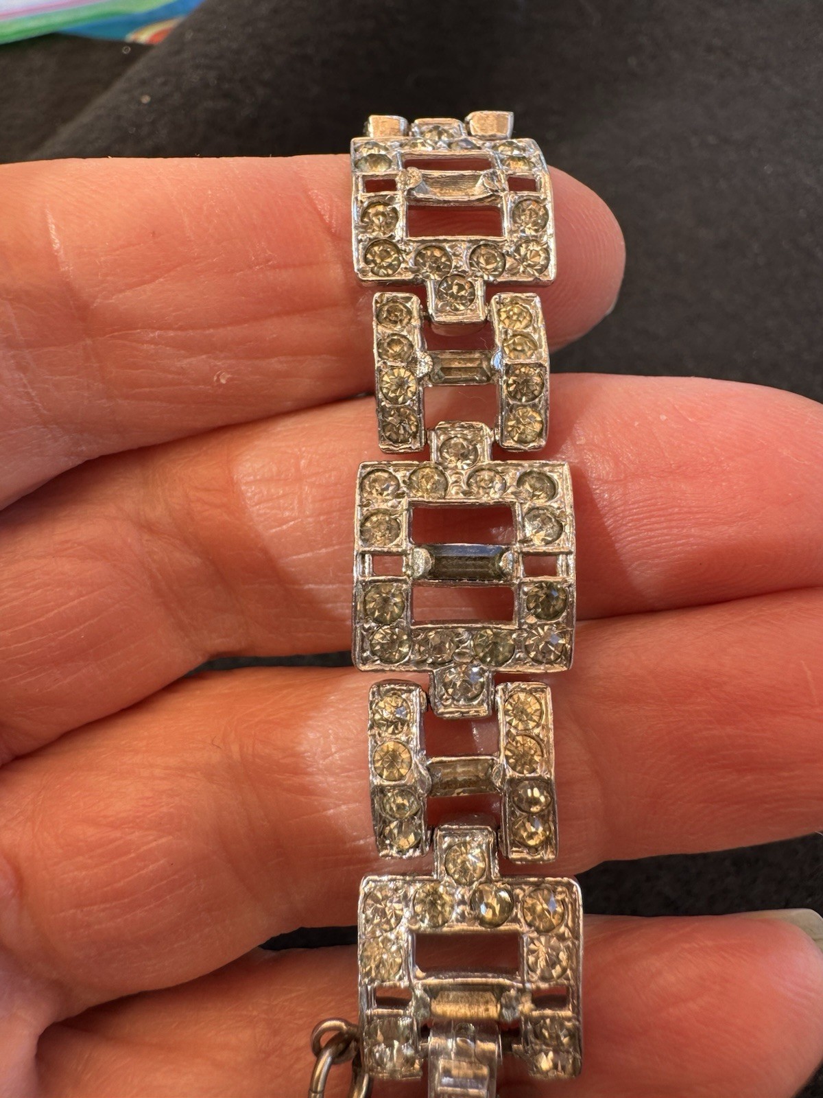 VTG ART DECO Style Rhodium Plated Baguette Rhinestone Link Bracelet 7.5″L BLING!