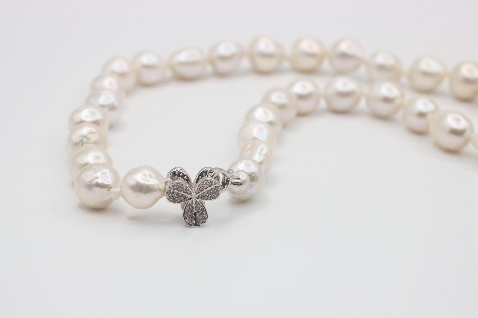 21” White Baroque Edison Pearl Necklace Kasumi Style Sterling Silver CZ Clasp