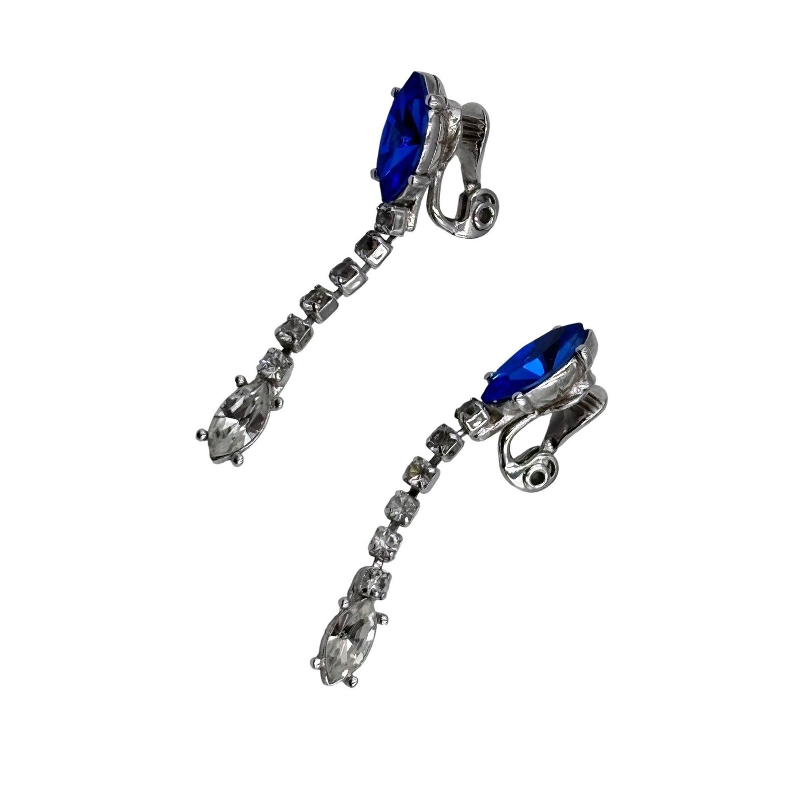VINTAGE Yves Saint Laurent YSL Vintage Blue Clear Crystal Drop Clip On Earrings