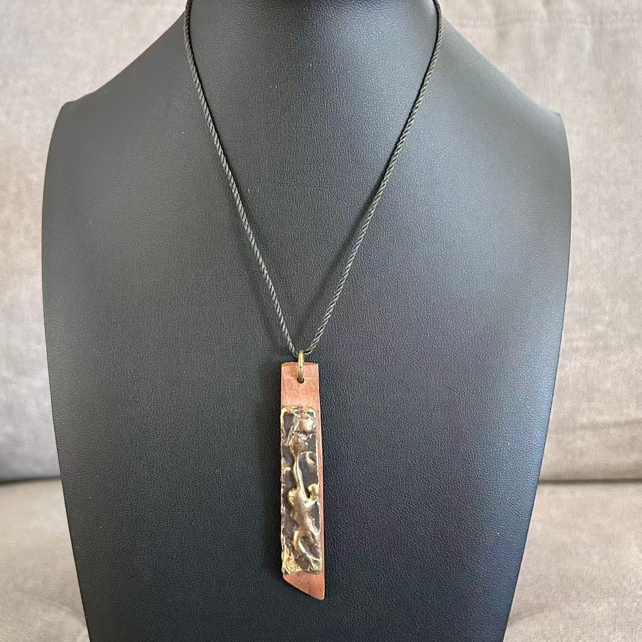 Vintage Signed MJC Brutalist Modernist Abstract Pendant Necklace Bronze Tone