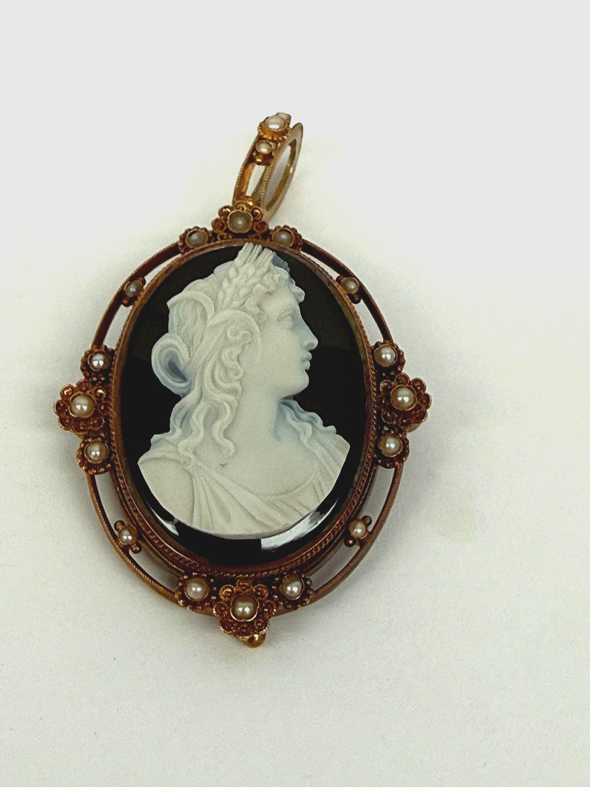 Incredible Antique Hardstone Agate Cameo Brooch Pendant With Pearls 14kt