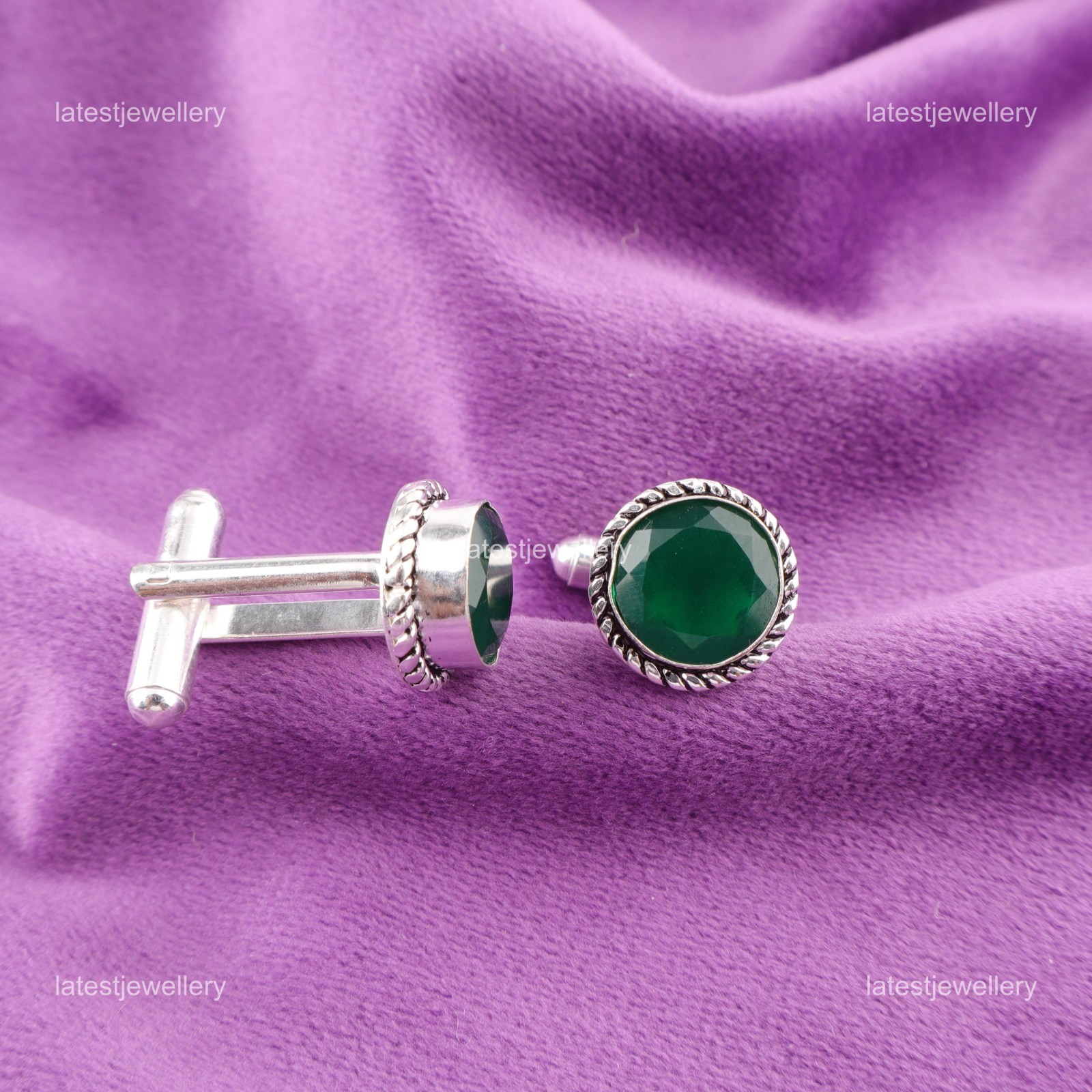 925 Sterling Silver Green Onyx Stone Mens Classic Anniversary Birthday Cufflinks