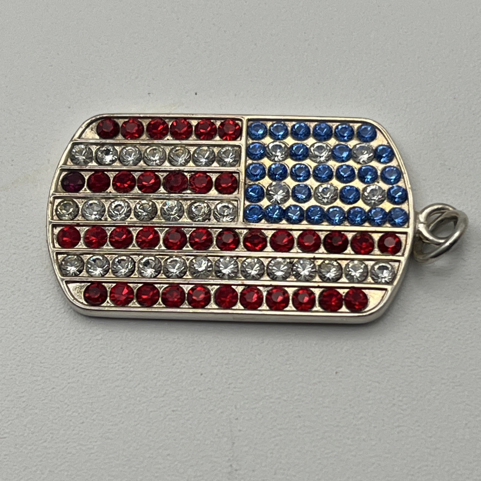 VTG Sterling Silver Cubic Zirconia American Flag Design Dog Tag Pendant