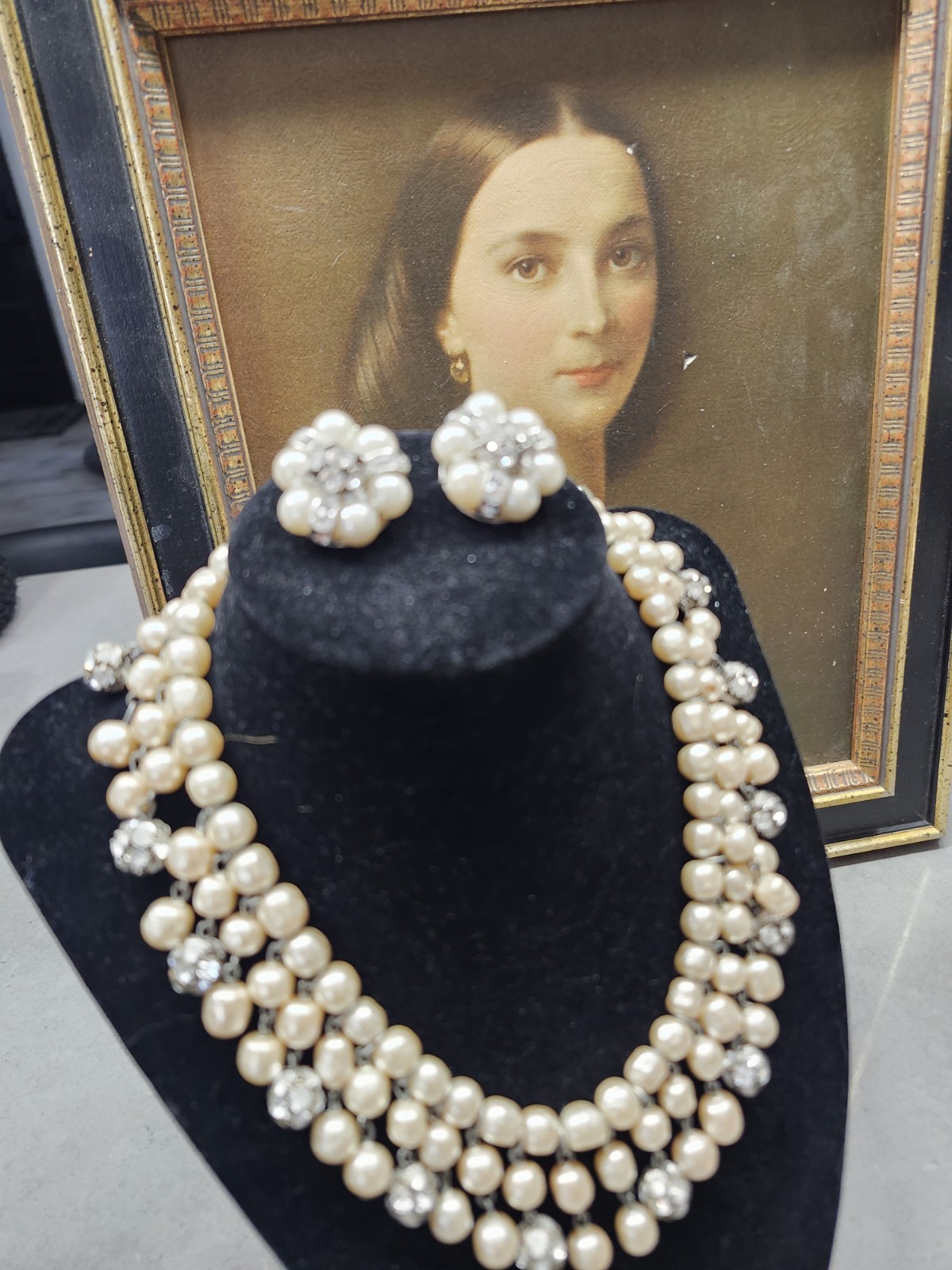 STUNNING 1950s Pearls & Rhinestone DROP Necklace & Clip Earring SET Estate WoW!