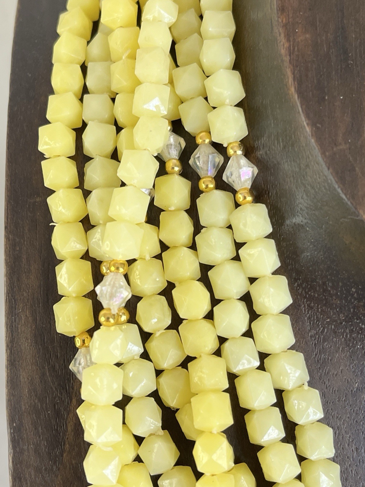 Hong Kong Yellow Beaded Necklace and Clip On Earrings Set Seven Strand Necklace