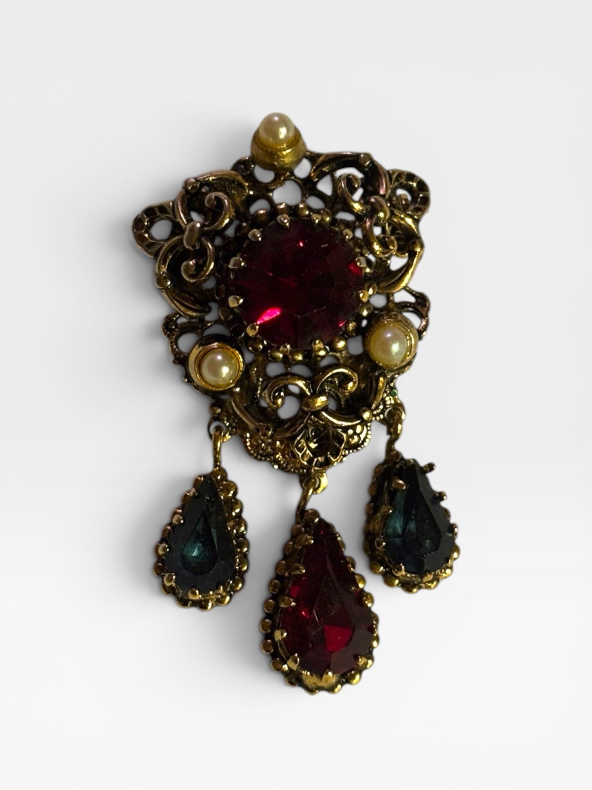 Vintage AGATHA PARIS Signed Brooch Dangle Renaissance Ruby Red/Blue Gemstone Pin