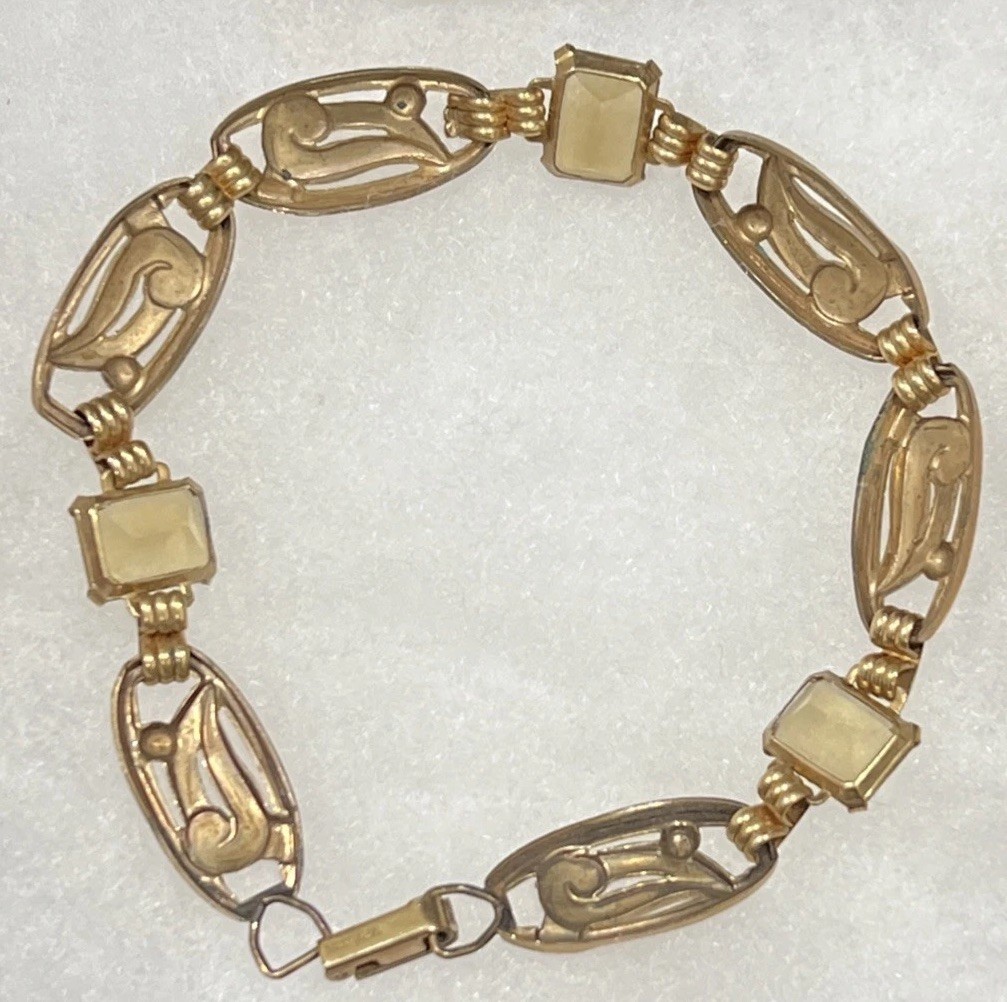 Vintage 1/20th 12K Gold Filled Link Bracelet w Yellow Stones—8.25” Long