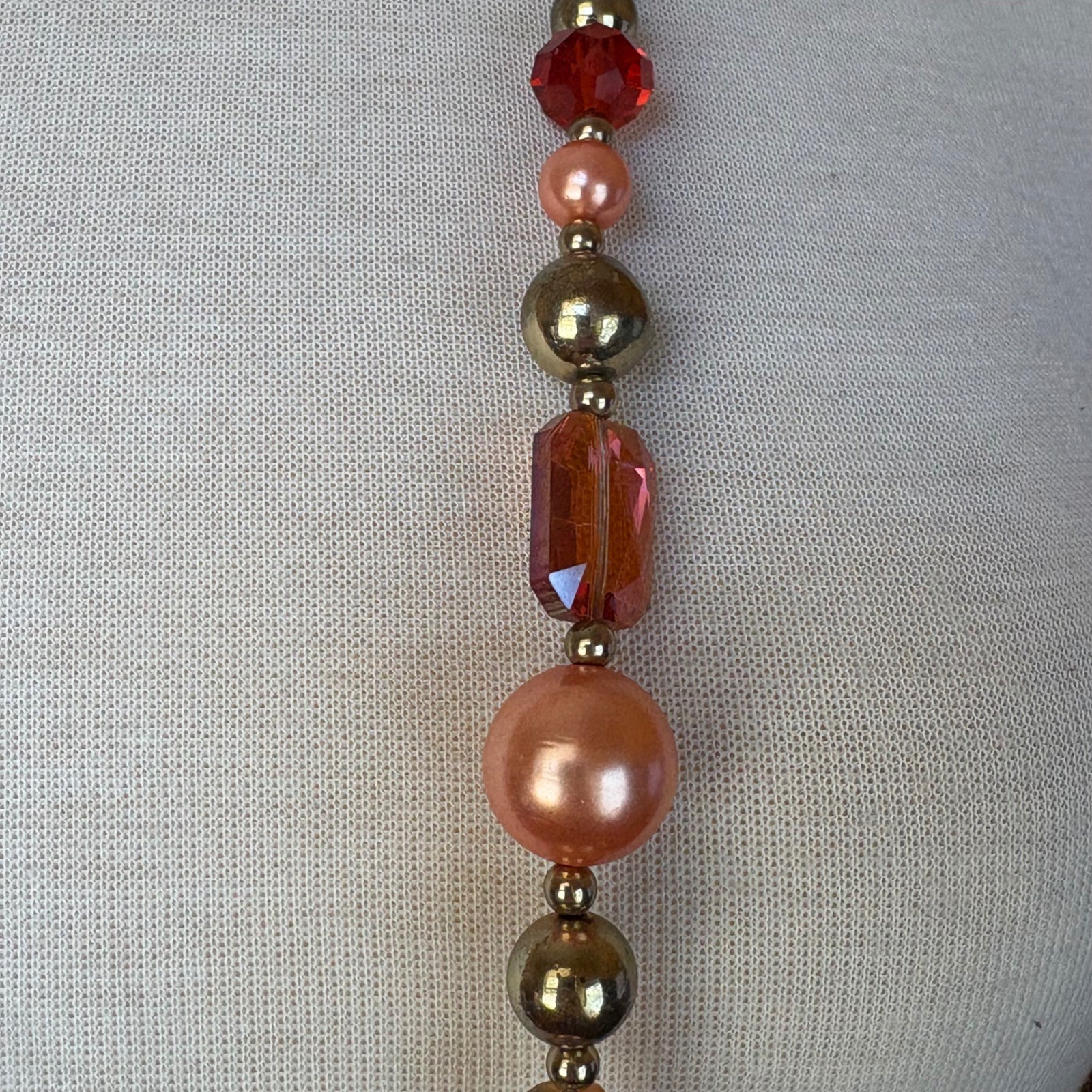 Orange Resin Rose Asymmetrical Statement Necklace Multi-Tonal Beads Gold Tone