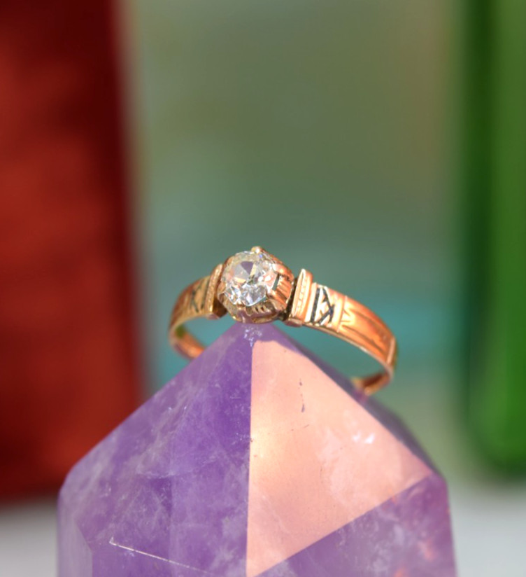 Antique Edwardian 14K Rose Gold .34ct Mine Cut Diamond Solitaire Ring Sz 8.4