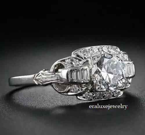 Art Deco Style Lab Created Diamond Engagement Wedding 14K White Gold Finish Ring