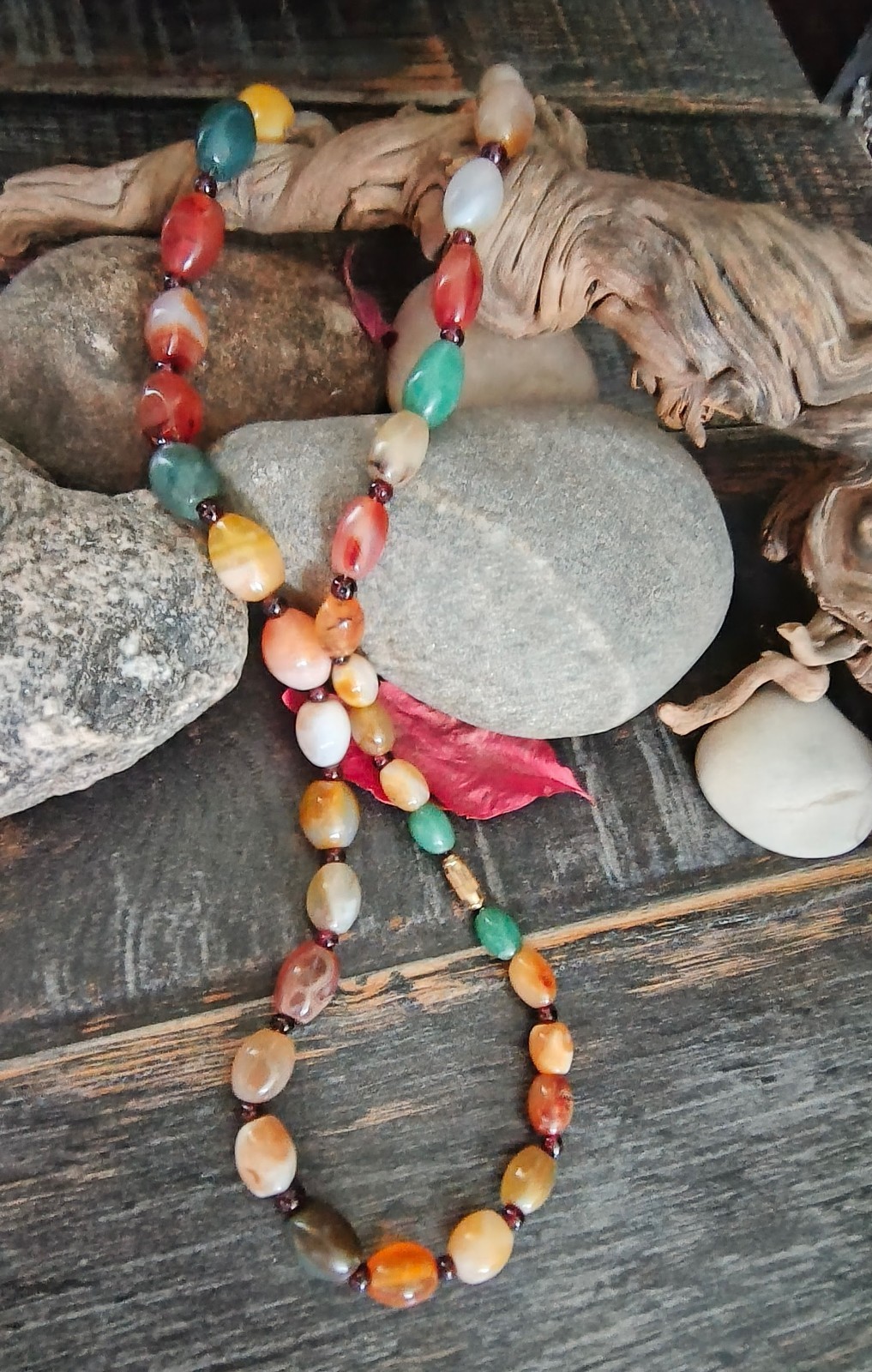 Vintage Chinese Moss Agate gemstone necklace, graduated polished beads, rare