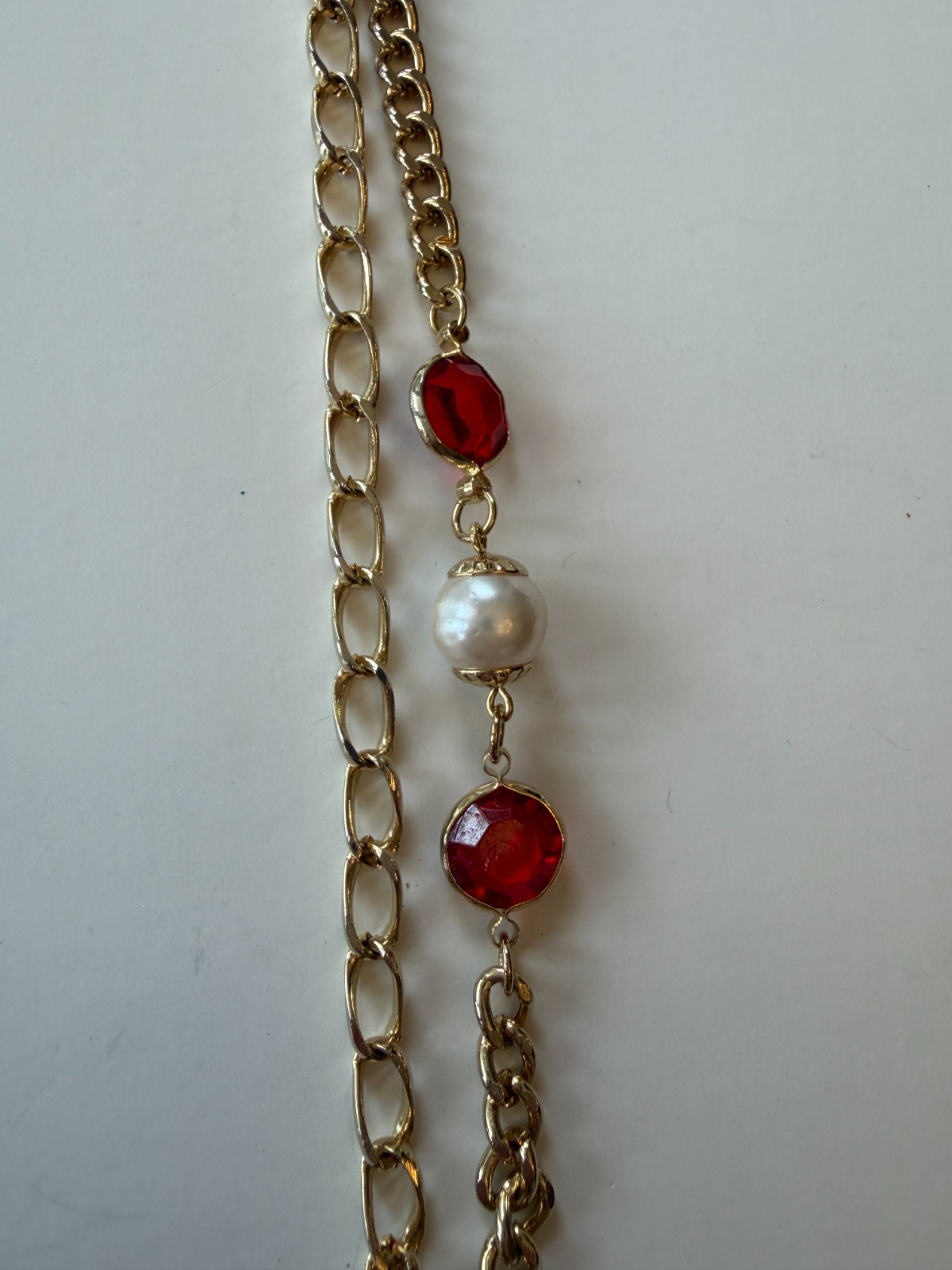Vintage Gold Tone Chain w Faux Pearl Beads and Red Crystals