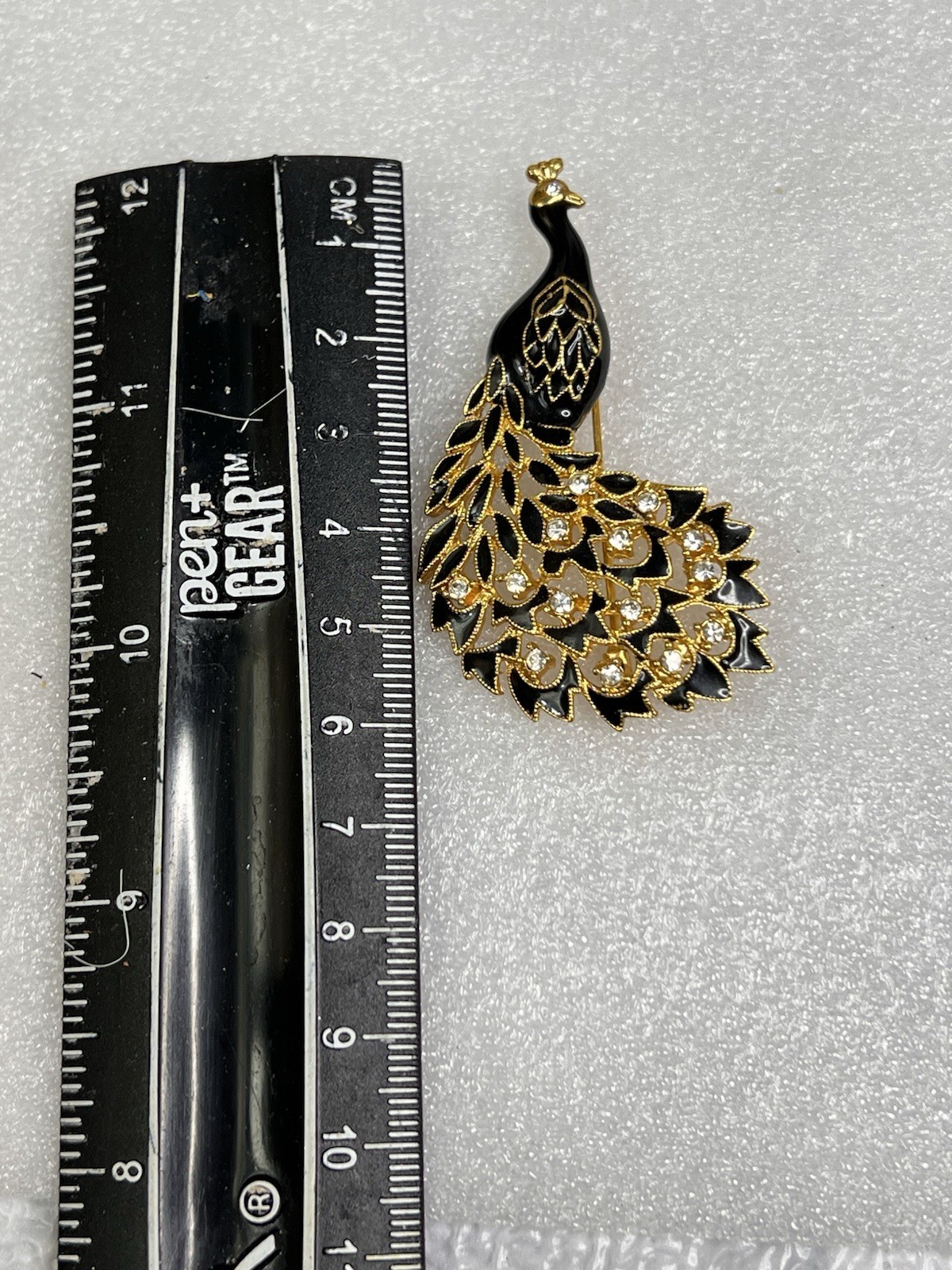 Peacock Brooch Pin Black Enamel & Gold Tone Rhinestones Elegant