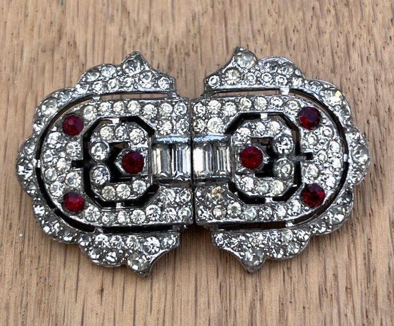KTF Trifari Red Clear Rhinestone Art Deco Duette Brooch Dress Clip Clip-Mates 2″