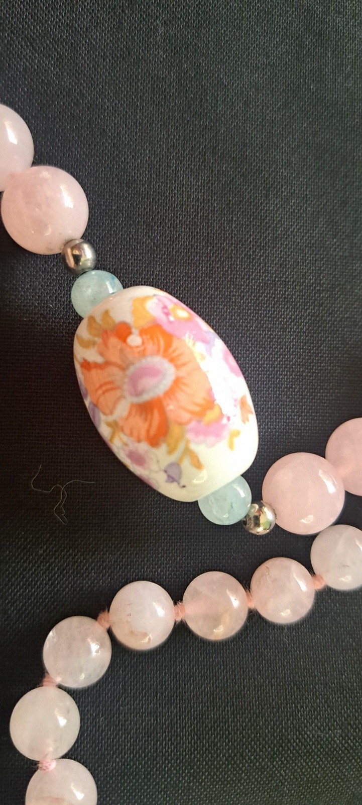 Vintage Rose Quartz and Cloisonné bead Necklace.Painted Beads. Silver Spacers.