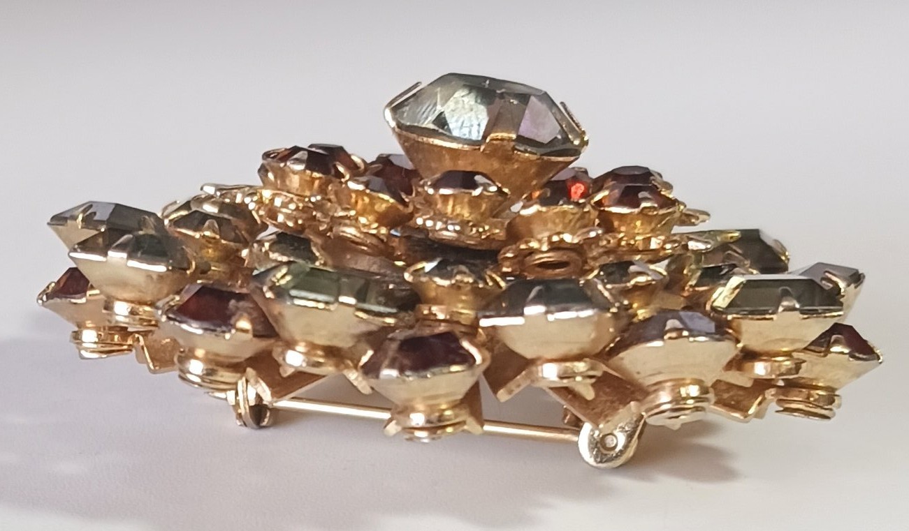 Vintage Gold-tone Layered Brooch w/ Smoky Topaz- & Gray-Green Colored Rhinestone