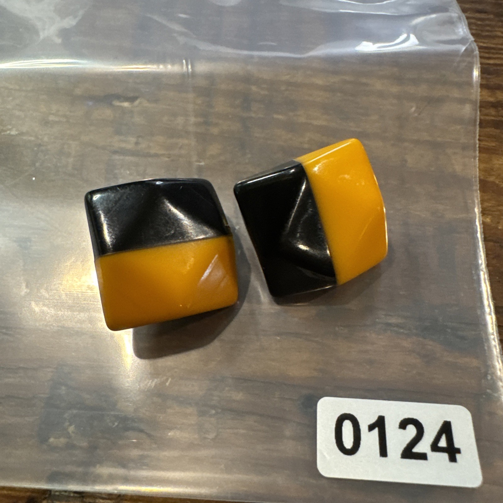 Vintage Bakelite Butterscotch/Black Clip Earrings Geometric MCM Mid Century 3/4”