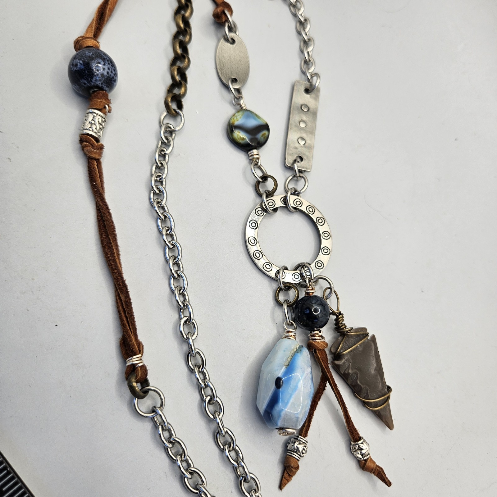 Silver Boho Pendant Necklace Cord Mixed Metals Beaded Arrow Head Stone Charms